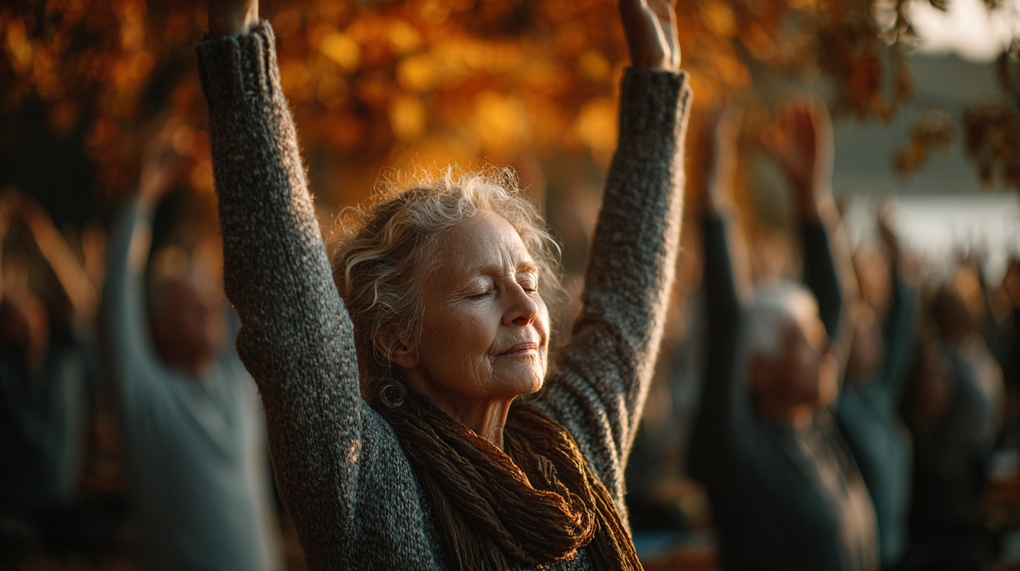 Grup de seniori practicând yoga cu instructor